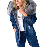 Winter Vintage Ripped Pocket Stitching Baggy Coat Women's Denim Plush Coat Women Long Sleeve Single-Breasted Hooded Denim Jacket