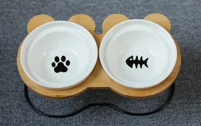 New High-end Pet Bowl Bamboo Shelf Ceramic Feeding and Drinking Bowls for Dogs and Cats Pet Feeder Accessories