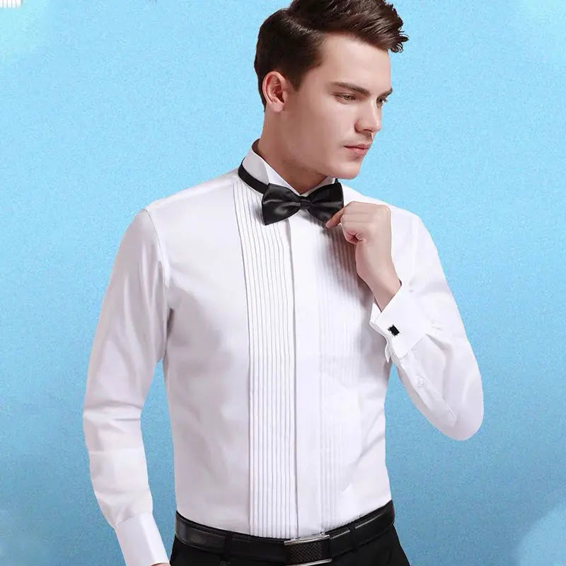 2024 new men's long sleeve shirt High quality tuxedo standing collar wedding dress shirt men's white French cufflink shirt