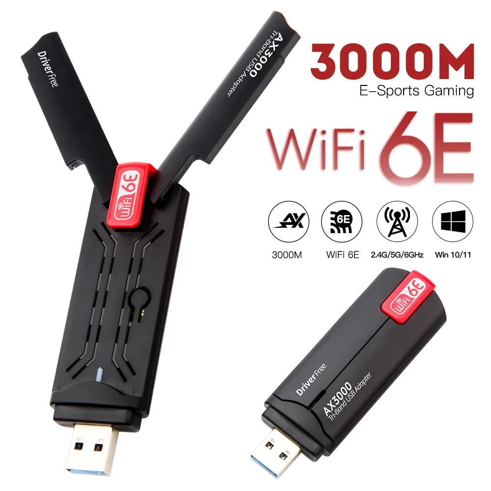 5400Mbps USB Wifi6E Adapter 2.4G&5G&6GHz USB 3.0 Wifi 6 Receiver Dongle Tri-band Antenna MU-MIMO Plug and Play for Windows 10/11