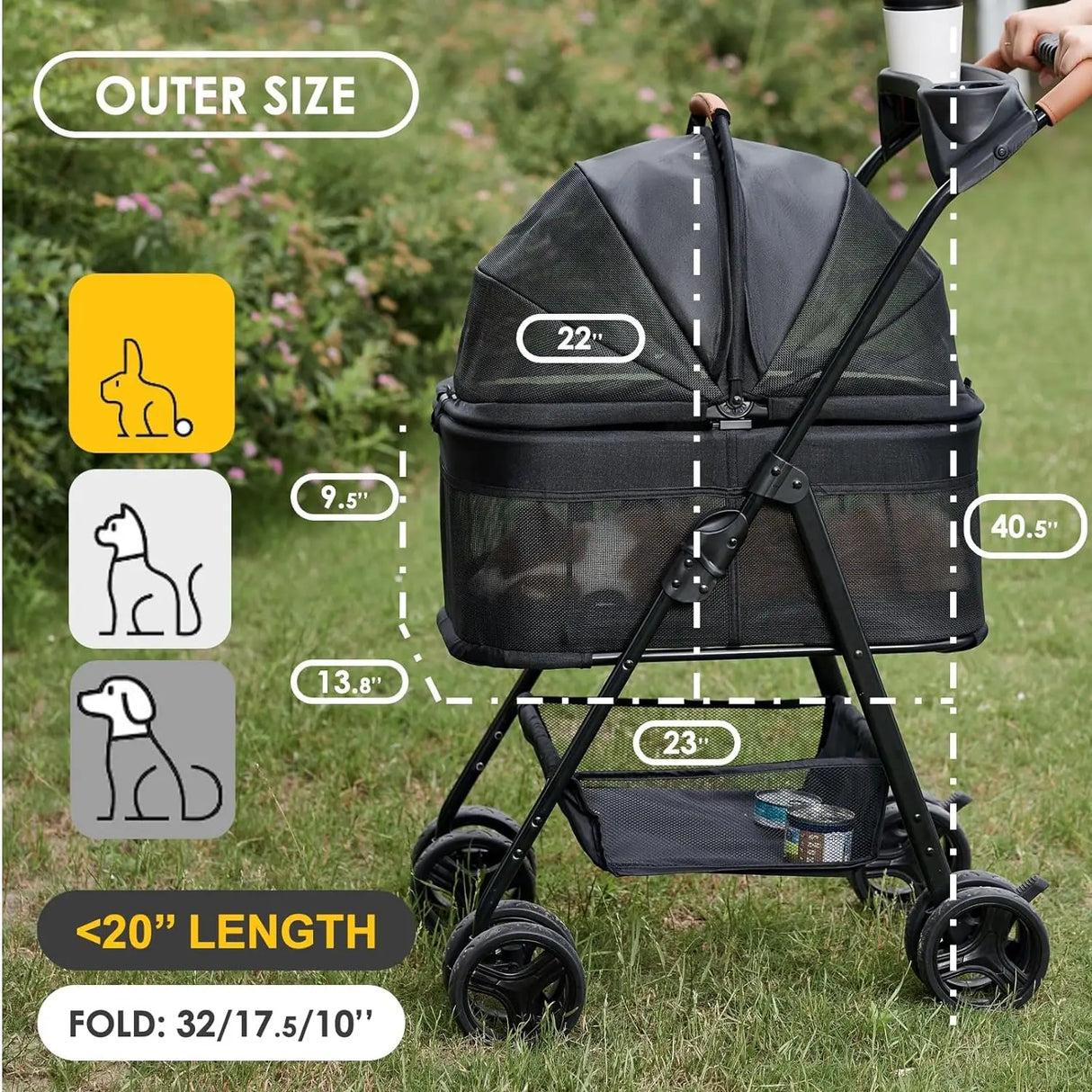 Zoosky 3 in 1 Folding Dog Stroller Pet Folding Stroller 4 Wheels Dog/Cat Puppy Stroller w/Removable Travel Carrier for Small Pet