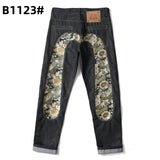 Printed trendy brand personality jeans for men and women casual slim straight tube national trend washed loose all-match pants