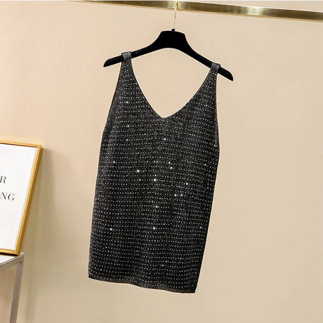 Large Plus Size L-4XL Women High Elastic Knitted Vest Tops Summer Sequin Sweater Sexy Tanks & Camis Female Fashion Big Clothing