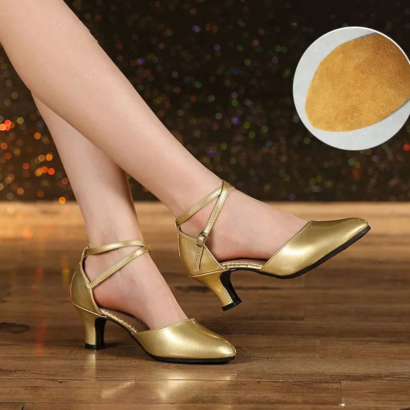 Women Glitter Leather Latin Dance Shoes Closed Toe Soft Sole Salsa Modern Shoe Tango Ballroom Dancing Shoes 3.5cm/5.5cm  Heel