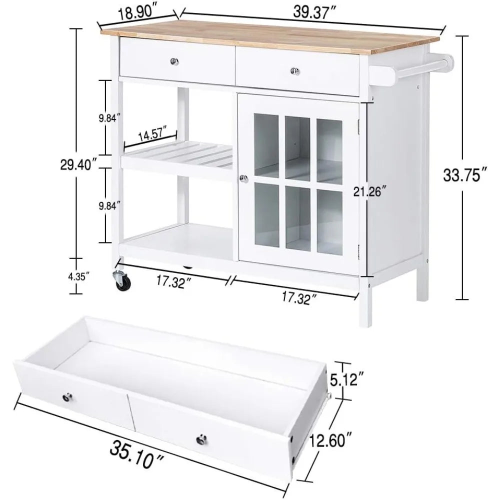 Rolling Kitchen Island Towel Rack Wine Shelf Portable Kitchen Cart Wood Top Kitchen Trolley With Drawers and Glass Door Cabinet