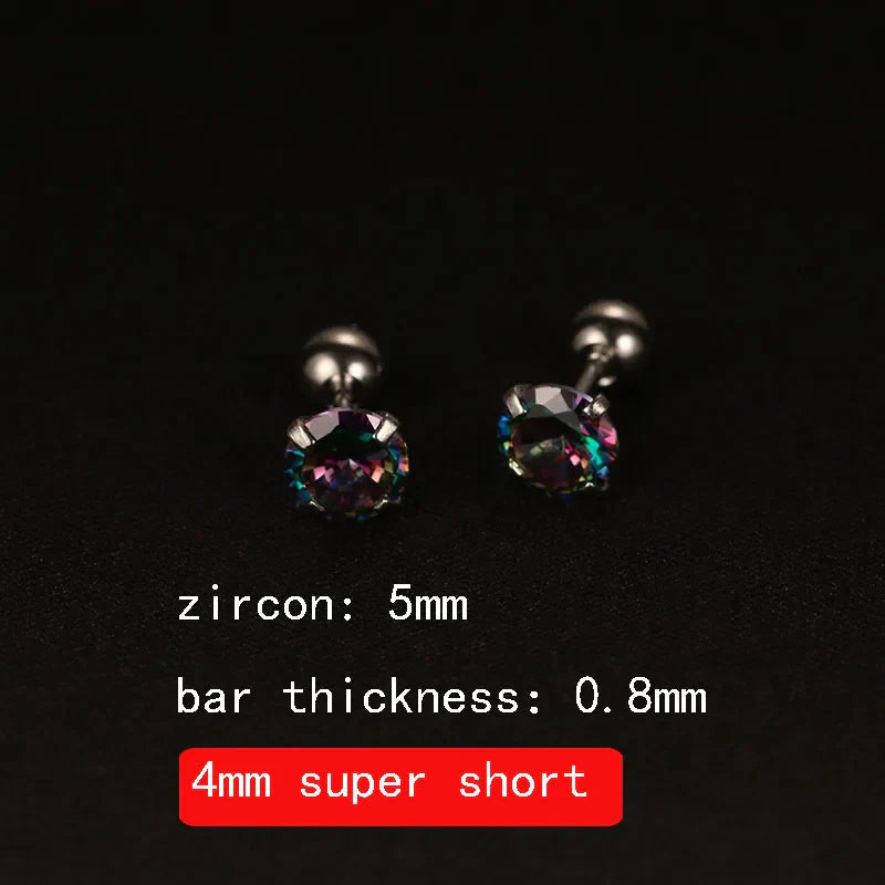 2PCS 4mm Short Ear Studs Earring Outside Upper Helix Earrings Titanium Steel CZ Crystal 3mm 4mm 5mm Mix Colors 0.8mm 20G Screw