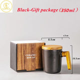 Gift Package 350ml Ceramic Coffee Mug with Wooden Handle and Lid Nordic Retro Style Smooth Surface Office Home Couple Cup