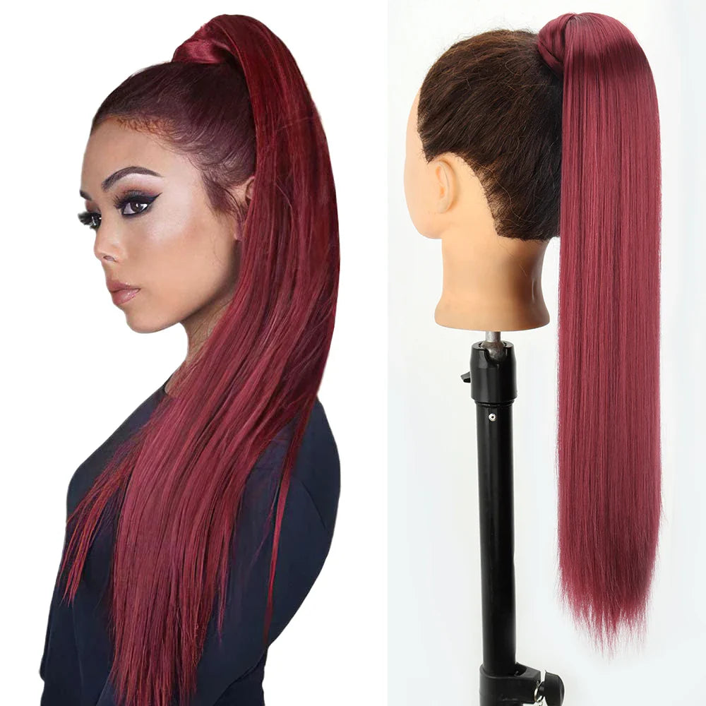 Synthetic Ponytail Hair Extension Natural Hairpiece Clip In Wrap Around Pony Heat Resistant Black Burgundy Hairstyle