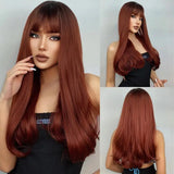 ALAN EATON Chestnut Brown Wavy Synthetic Wigs with Bangs Long Curly Brown Wig for White Women Naturally Hairline Heat Resistant