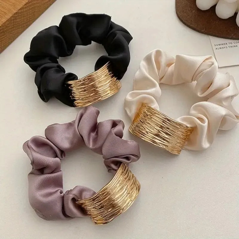 Elegant Metal Flower Hair Rope Ring Elastic Hair Tie For Women Girl Satin Solid Color Rubber Scrunchies Summer  Ponytail Holder