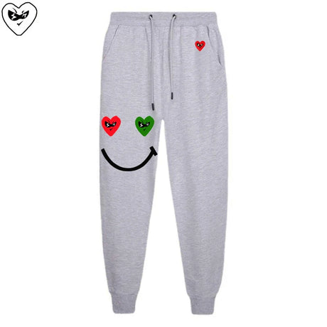 Men Women Spring Autumn Pants Heart Cartoon Embroidery Smiling Face Print Cotton Elastic Bind Feet Drawstring Casual Pants