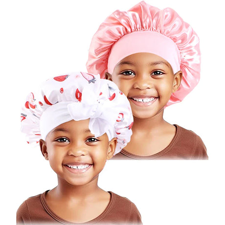 2PCS/LOT Solid Color Nightcap For Kids Wide Edge Printed Bow Sleep Hat Cute Baby Turban Multicolor Set Satin Beanie For Girls