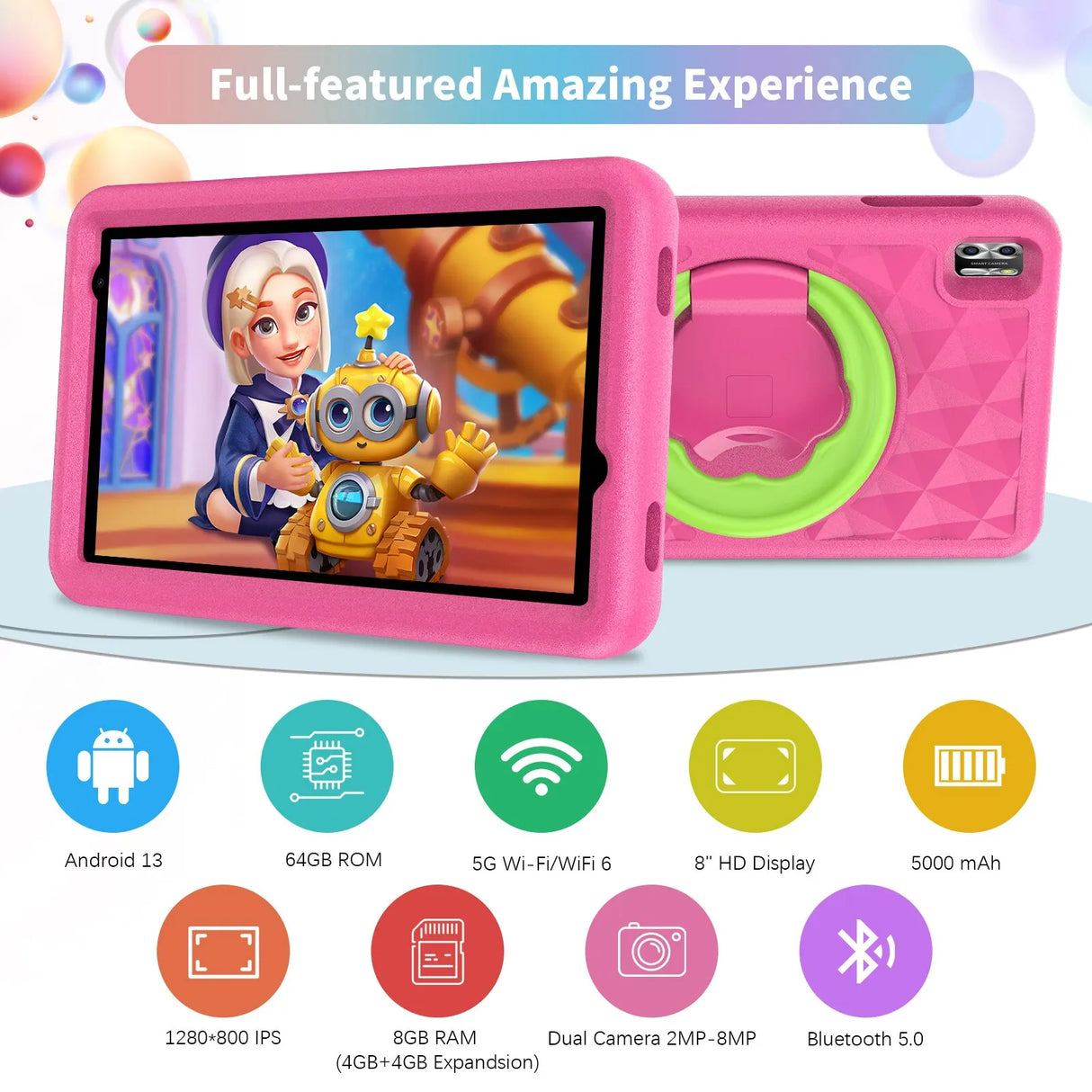 VASOUN Kids Tablet 8 Inch, Android 13 Quad Core, 8GB(4+4expand)RAM+64GB ROM, 5000mAh, Dual Camera, WiFi, Parental Control