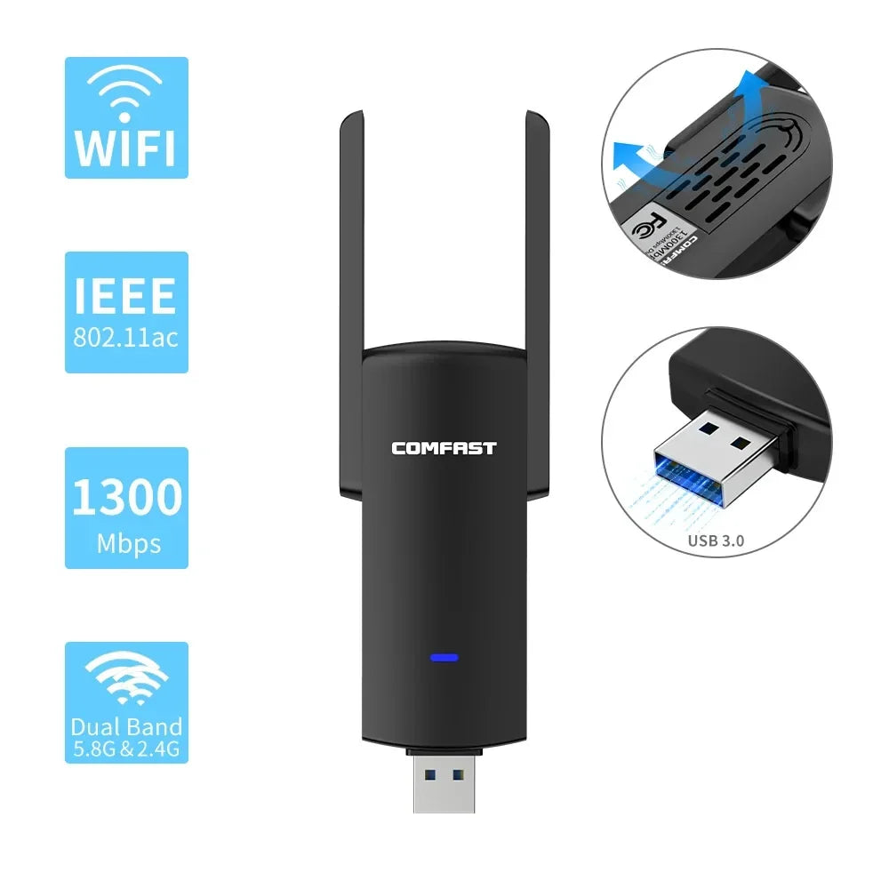 USB Wifi Adapter 1300Mbps RTL8812BU/CU Dual Band  For PC Ethernet Wi-Fi Dongle External Antenna  Wi Fi Receiver Network Card