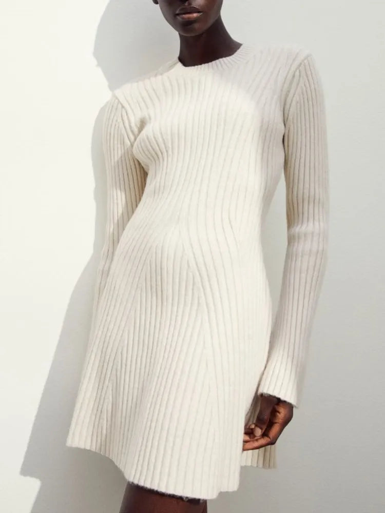 Ribbed Knitted Long Flare Sleeved Mini Dress Half High Collar High Waist Sweater Dresses Women Autumn Fashion Street Vestidos