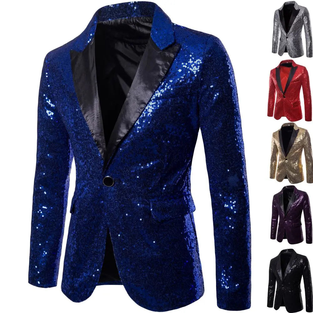 Men's Suit Round Sequin Pocket Single Row Button Wedding Groom Stage Show Hosting Dinner Menswear Bar Dance Casual Men Blazer