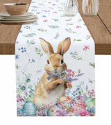 Easter Bunny Spring Flowers Linen Table Runner Washable Dresser Scarves Table Decor Festival Wedding Kitchen Decor Table Runner