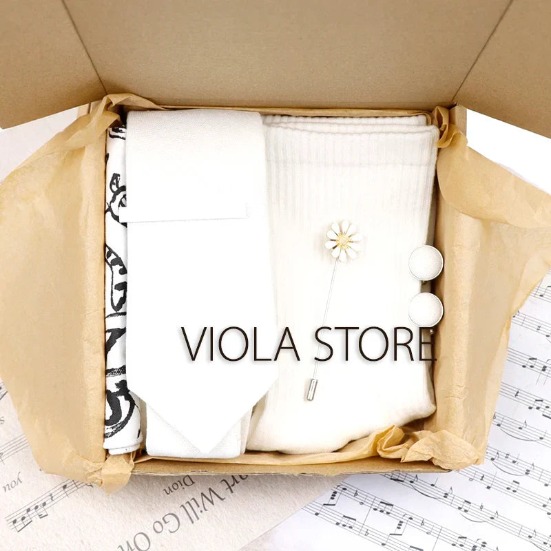 Viola Design 6PCS Gift Box Floral Solid Cotton Sock Tie Sets Clip Pin Cufflinks Hankie Men Wedding Party Daily Cravat Accessory