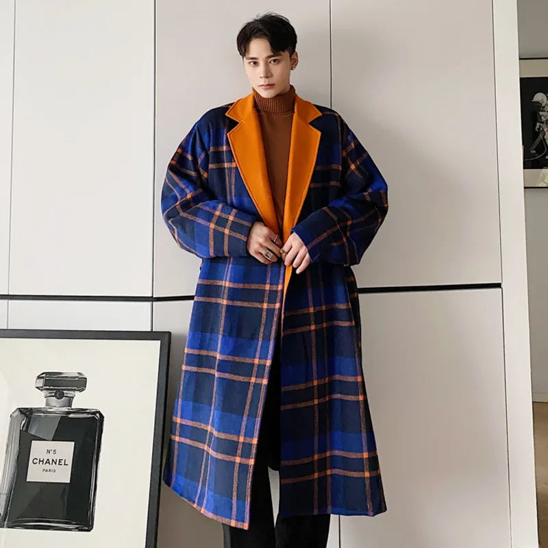 IEFB Casual Loose Men's Woolen Coat Plaid Lapel Contrast Color Male Outerwear 2023 New Fashion Tide Loose Men Clothing 9C3586