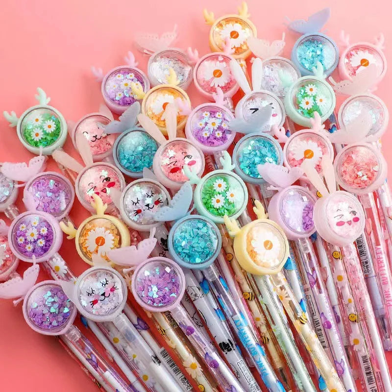 10/20/50/100pcs/set Kawaii Sequin Gel Pen Cute Butterfly Bunny Fawn Daisy Signature Pen 0.5mm Black Ink Office School Gifts 2023