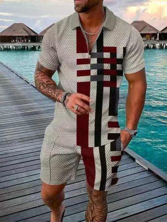 Hawaiian Polo Set Men Tracksuit Sets Summer 3D Beach Outfits Polo Shirt Shorts 2pcs Sets Zipper Coconut Tree Casual man Clothing