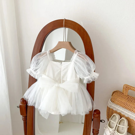 New Summer Multi-layered Ball Gown Mesh Toddler Baby Bodysuit Tutu Skirt Puff Sleeve Princess Girls Birthday Clothing One Piece