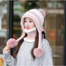 New Knitted Hat Thick Warm Earflap Hats Scarf 2Pcs Set Fleece Lined Ball Pompom Skullies Beanies Women Winter Rabbit Fur Cap