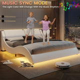 Bed Frame, Large with Headboard, Modern Upholstered Platform, LED Bed Frame, With LED Lights, Wavy Curve,Large Thin Platform Bed