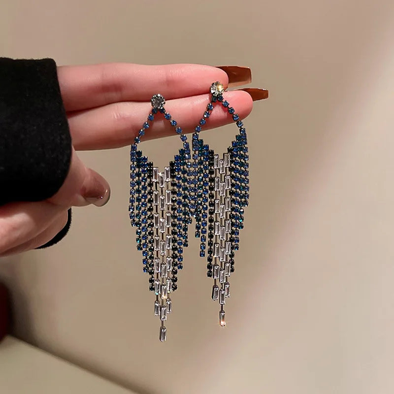 Long Retro Blue Flower Feather Tassel Dangle Earrings for Women 2022 Fashion Crystal Drop Earring Vintage Brincos Jewelry