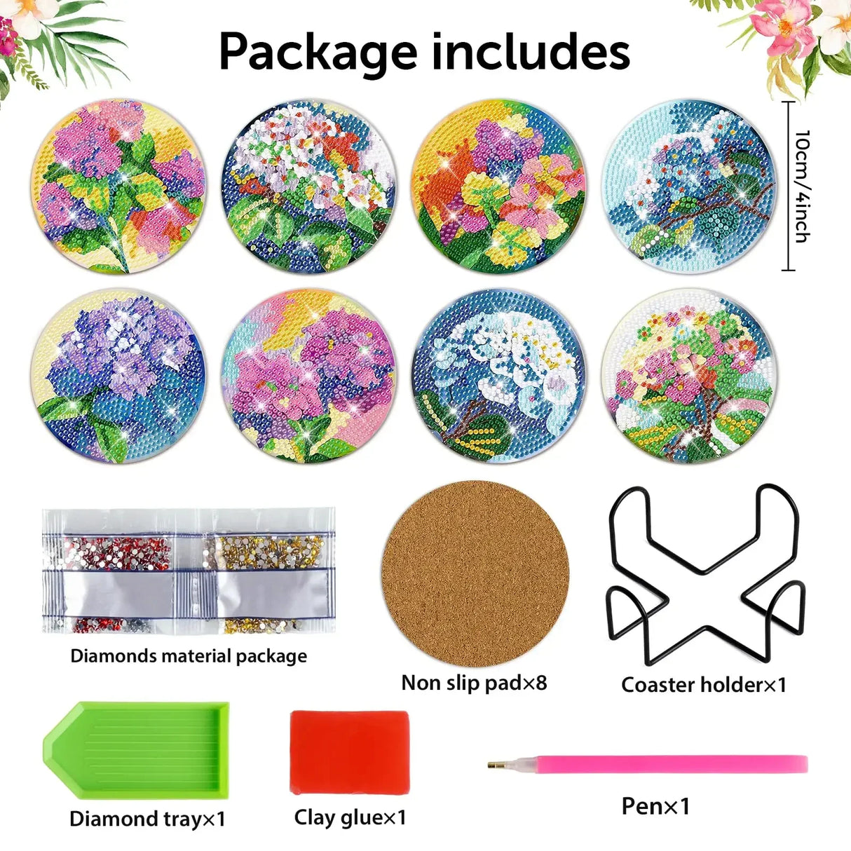 8Pcs DIY Diamonds Painting Coaster Animal Flower Non-slip Anime Art Mosaic Cup Cushion with Rack Rhinestones Paintings Decor