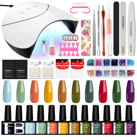 PHOENIXY Gel Nail Polish Set with 36W Nail Lamp Semi Permanent UV Gel Varnish Base Top Coat Complete Nail Art Gel Polish Kit