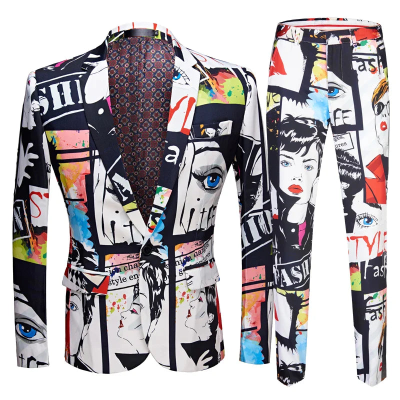 Mens Fashion Print 2PCS Set Casual Plus Size Hip Hot Male Slim Fit Suits Man Singer Wedding Costume Club Party Coat Jacket Pants