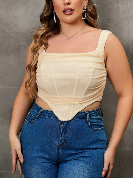 EYNMIN Plus Size Solid Sexy Mesh Cropped Tank Tops for Women Summer Fashion Boned Slim Corset Top Club Stretch Camis Vest Female