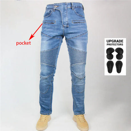 Men Jeans Collection Classic Denim UGB06 PK718 PK719 Zip Motorcycle Pants  Pantalones Motocicleta Hombre Featherbed Jeans Gears