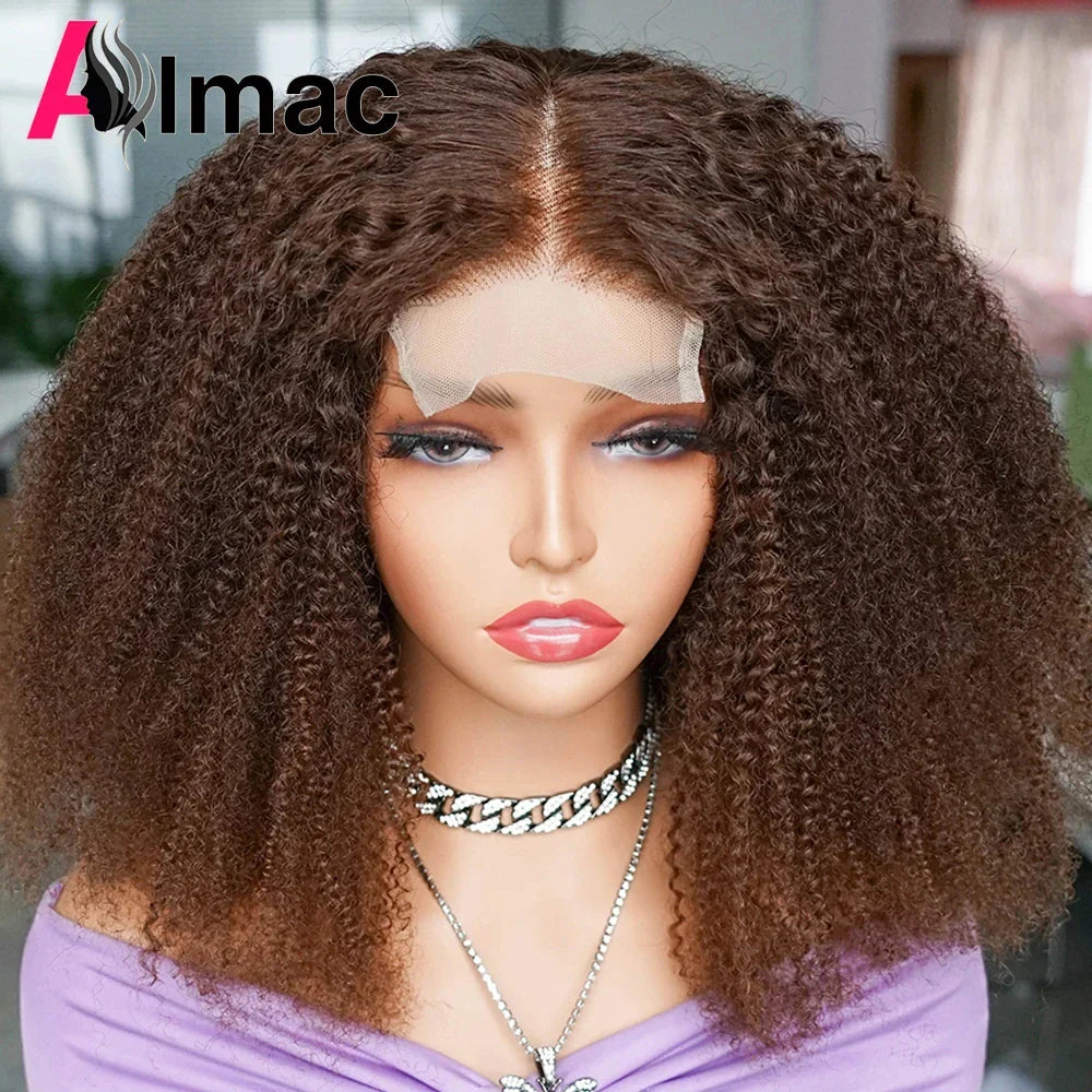 250% Density Brown Color Afro Kinky Curly 13x4 Transparent Lace Frontal Human Hair Wigs Glueless Indian Remy 4x4 Closure Wig