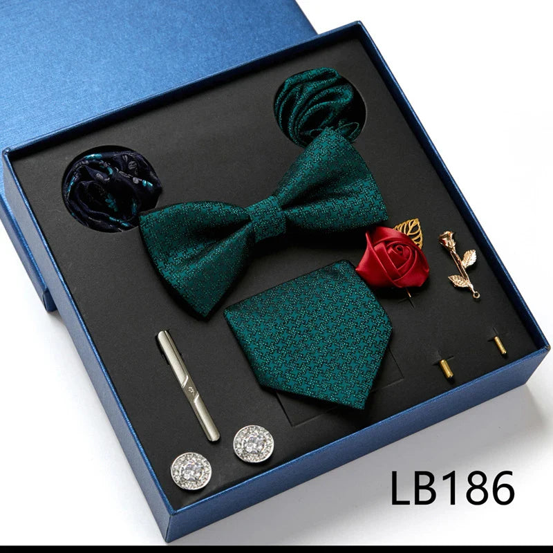 Fashion Men's Tie Gift Box Luxury Brand Necktie Bowtie Pocket Square Brooches Cufflinks Clips Suit For Party Wedding Man Gifts