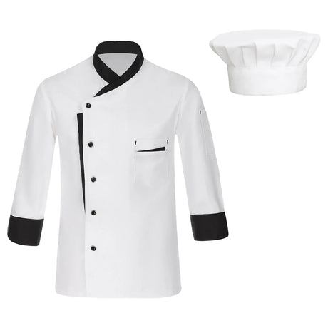 Men Chef Shirt Long Sleeve Cosplay Jacket Kitchen Restaurant Hotel Work Coat with Hat Unisex Contrast Color Food Cooking Uniform