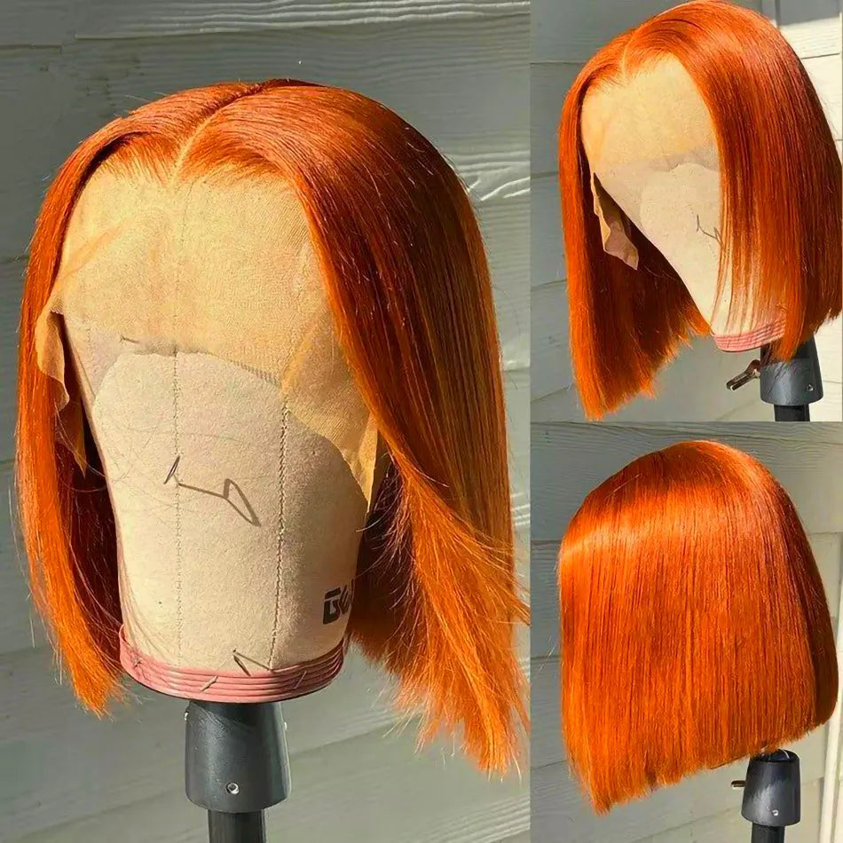 Ginger Brown Lace Front Wig Bone Straight Lace Front Wig Raw Indian Human Hair Orange Ginger Lace Frontal Wig Short Bob Wig 180%