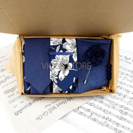 Viola Design Gift Box Hot Solid Floral Cotton Sock Necktie Set Clip Cufflinks Pin Hanky Men Wedding Party Daily Cravat Accessory