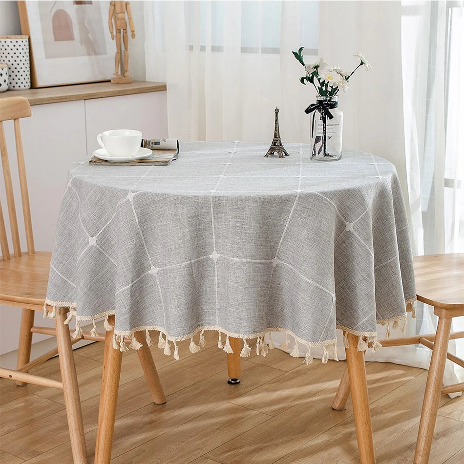 Three-dimensional Jacquard Checkered Round Tablecloth,Cotton Linen Tassels Dust-Proof Table Cover,For Dinner Party Wedding Decor