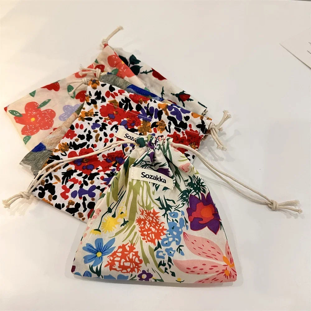 Cotton Fabric Floral Small Drawstring Bags Lipstick Toiletry Makeup Organizer Coin Pocket Bags Purse Keys Earphone Storage Bag