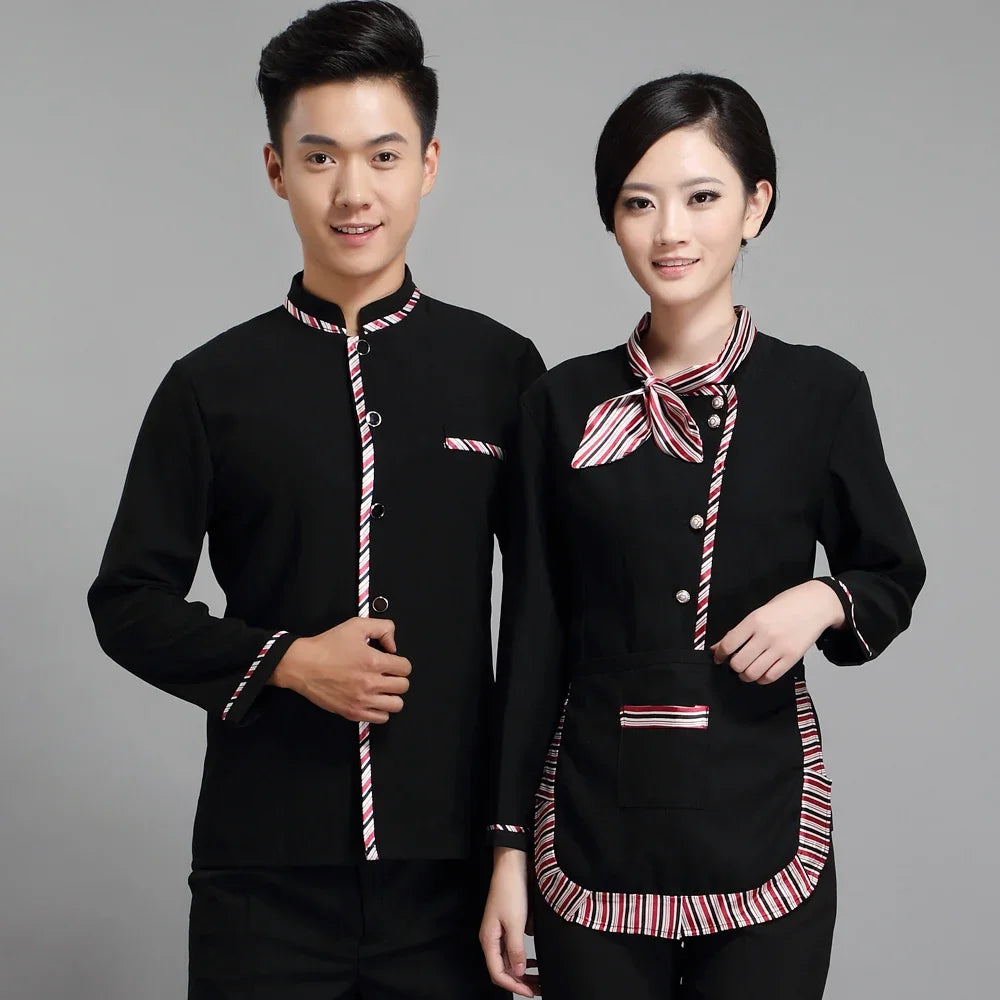 Long Sleeve Hotel Waiter Uniform Female Restaurant Top+apron Waitress Uniform Fast Food Service Work Wear Jacket for Man 89