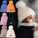 Winter Fur Pom Knitted Beanies Hat Female Plush Thicken Fleece-lined Warm Hats for Women Girl's Outdoor Woolen Thermal Gorro Cap