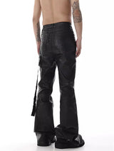 REDDACHIC Black Wax Coated Flare Jeans Men Stretchy Fitted Matte Textured Bootcut Pants Flowy Belt Vintage Y2k Hip Hop Trousers