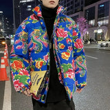 Northeast Flower Printed Thickened Cotton-padded Jacket Couple Chinese Style Causal Loose High Street Parkas Pants Suit