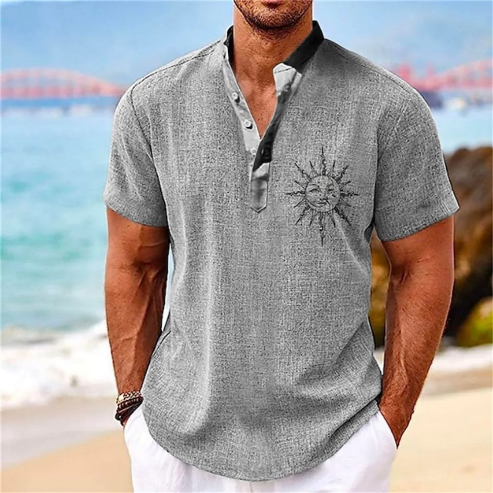 Summer Men Henley Shirt Short Sleeve Tops 3d Sun Graphic Clothing Fashion Designer Apparel Streetwear Mens Hawaiian Shirts 2023