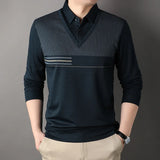 Spring and Autumn Men's Pullover Polo Collar Stripe Contrast Button Solid Fake Two Piece Long Sleeve T-shirt Polo Bottom Tops