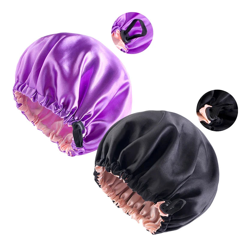 2PCS/LOT Satin Bonnet Double-Deck Flat Buckle Adjustable Nightcap Simple Women Solid Color Bathing Cap Lady Casual Hair Care Hat