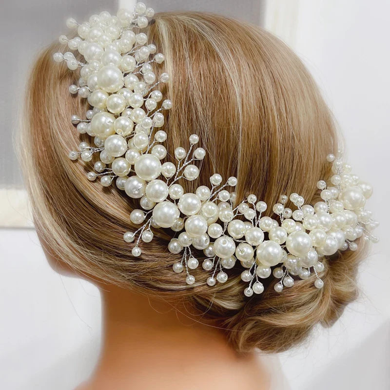 Fashion Bride Large Pearls Wedding Headband Silver Bridal HairPiece Hair Accessorie Hair Jewelry for Women and Girls