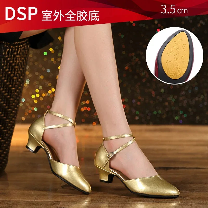 Women Glitter Leather Latin Dance Shoes Closed Toe Soft Sole Salsa Modern Shoe Tango Ballroom Dancing Shoes 3.5cm/5.5cm  Heel